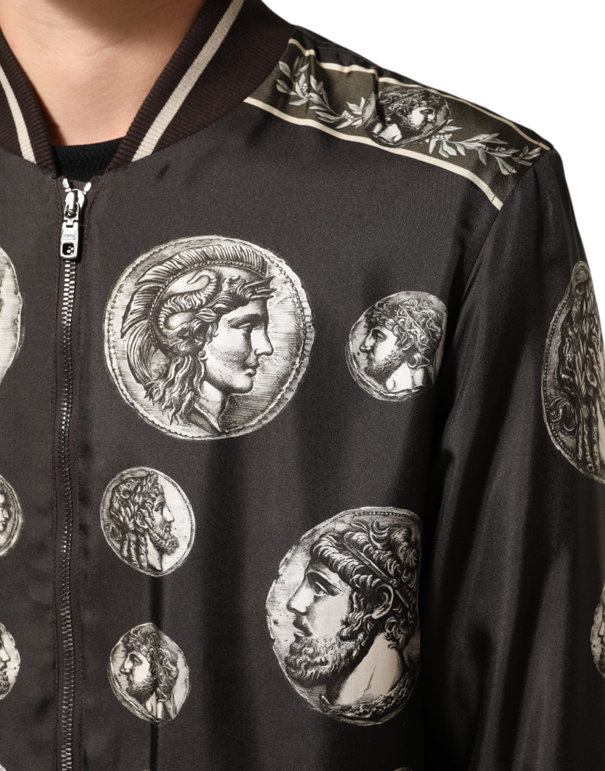 Black "Monete" Coin Print Silk Bomber Jacket